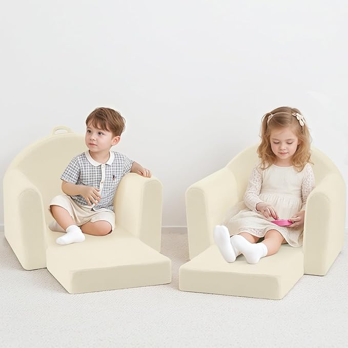 MeMoreCool Folding Toddler Chair, Comfy Plush Fold Out Kids Couch Sofa, Convertible Kid Sofa Bed, Flip Out Baby Recliner Foldable Children Sofa for Toddlers 1-4 Girls Boys, Beige