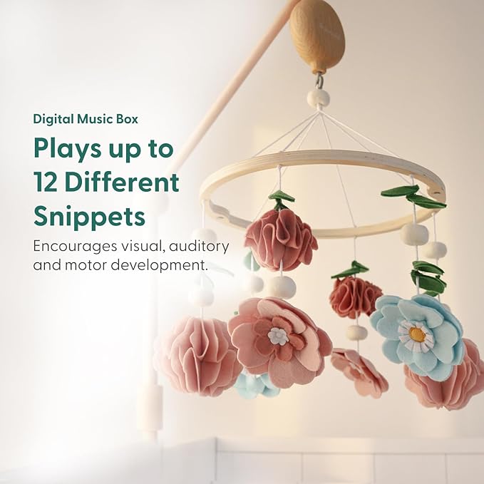 The Peanutshell Crib Mobile for Girls - Wooden Musical Baby Crib Mobile with 12 Lullabies, Wildflower Baby Floral Nursery Decor