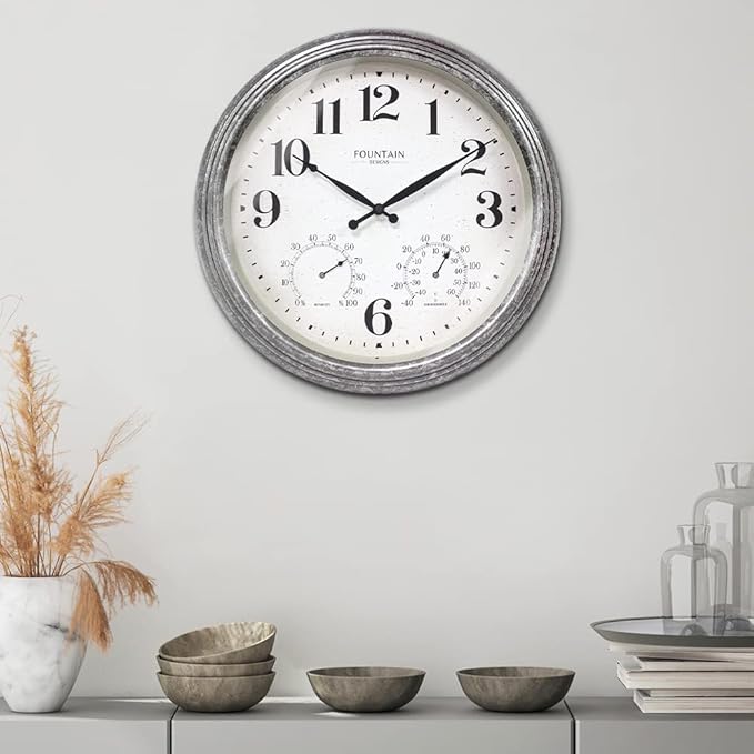 Maison in/Outdoor Clock with Thermometer, 2 in One Weather Station (Weather Thermometer/Wall Decoration) (Galvanized, 18 inch)