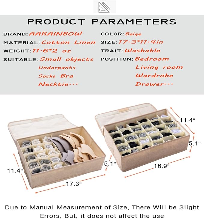 AARAINBOW 2 Packs Underwear Socks Ties Storage Organizer with Lids Foldable Closet Drawer Organizer 46 Cells, Fabric Drawer Wardrobe Divider Organizer for Bra Scarves Lingerie (30+16 Cell, 2 Beige)