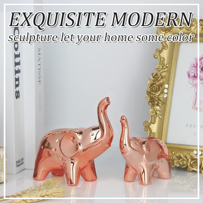 A Pair Elephant Statue Home Decor,Modern Style Figurines,Sculpture for Office Desktop Bookshelf Living Room (Ceramics Rose Gold)