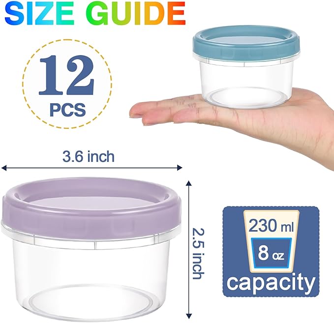 12pcs 8 oz Plastic Containers with Screw Lids, Reusable Clear Food Storage Containers with Pen and Brush for Snack Salad Fruit, Leakproof Small Freezer Containers, Microwave & Dishwasher Safe
