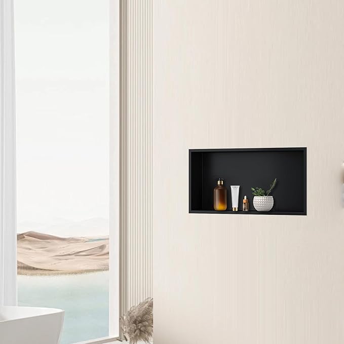 28" X 16" Stainless Steel Shower Niche Insert Tile Ready, Niche for Shower Wall, Recessed Shelf No Tile Needed for Bathroom Storage, Matte Black