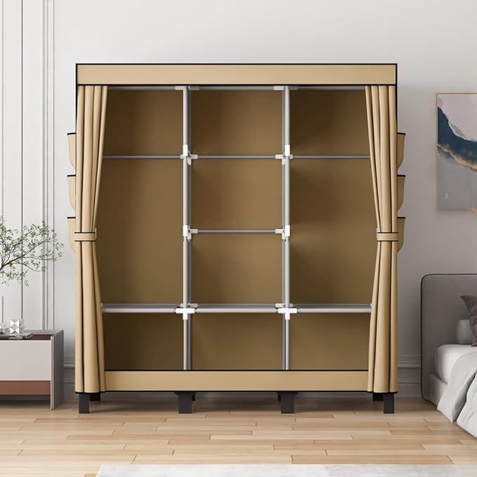 Portable Closet, Clothes Storage Box, Simple Wardrobe for Hanging Clothes, Multiple Shelves and 3 booms,6 Side Pockets (Black)” (Cream Colour, Large)