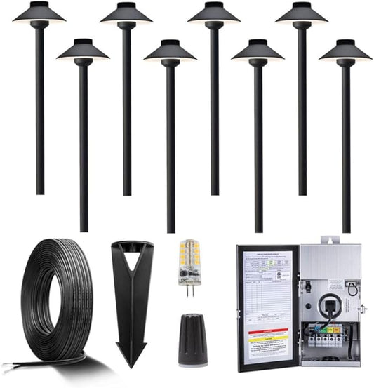 Black Brass Low Voltage Pathway Lights Kit(8 Pack) 12V LED with 150W Low Voltage Transformer and Mechanical Timer and 100 Feet Wire and 40Pack Connectors for Outdoor House Garden Sideway