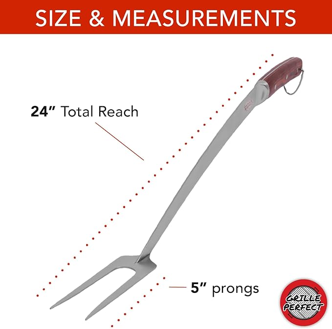 Grill Fork 24-inch Super Long for Grilling Barbecue Griddle and Fire Pit Extra Strong Curved Neck Premium Hardwood Handle Large Stainless Steel Tines for BBQ Outdoor Kitchen and Grilled Food