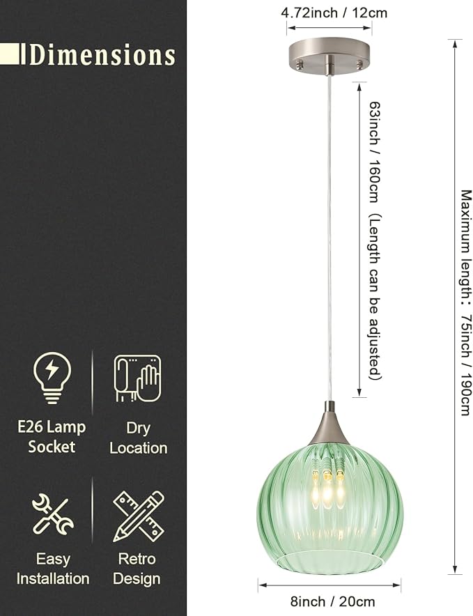 Brushed Nickel Pendant Lights Kitchen Island, Globe Pendant Light Fixtures with 8 Inch Clear Glass Shade, Modern Hanging Light Fixtures for Kitchen, Bedroom (1 Pack - Green Glass Pendant Light)