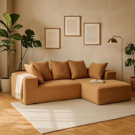 KEIKI L-Shape Cloud Sectional Sofa, 96” Modern Modular Boneless Couch with Left Chaise Lounge, Upholstered Couches for Living Room Bedroom, Brown