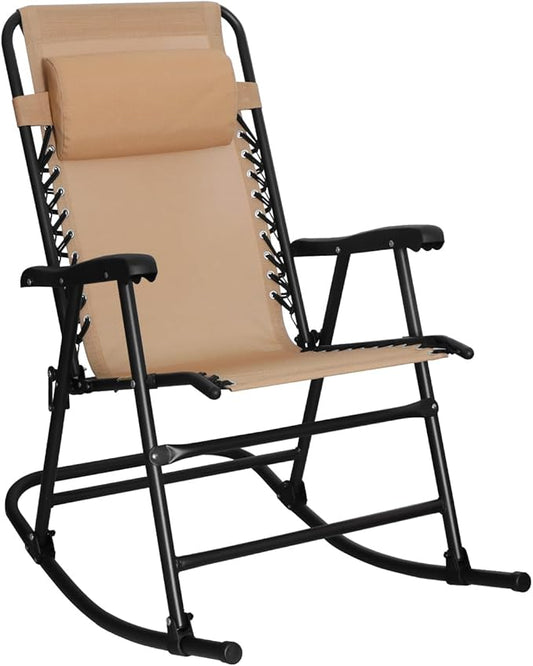 Amazon Basics Outdoor Patio Folding Reclining Lounge Rocking Chair with Pillow, Affordable Folding Chairs for Outside, Beige, 33.6 x 37.4 x 26 inch