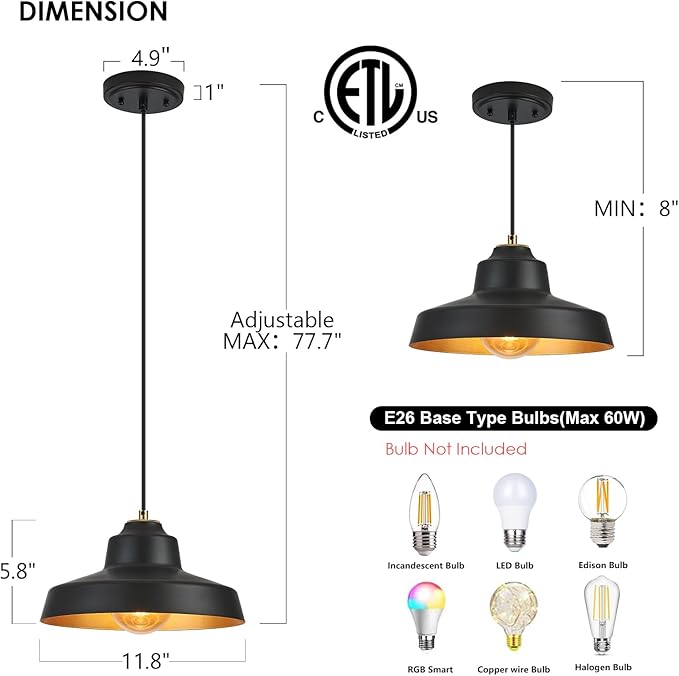 12 Inch Black Pendant Light Fixture,Farmhouse Hanging Lamp Adjustable Height Dome Pendant Lights for Kitchen Island Dining Room,2 Pack