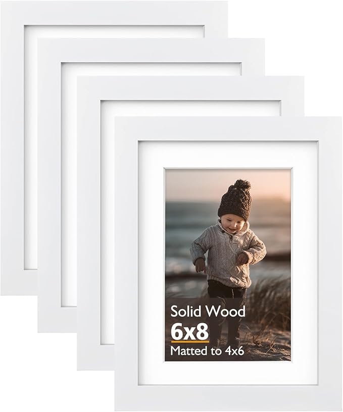 KINLINK 6x8 Picture Frame White, Solid Wood Frames with Acrylic Plexiglass for Pictures 4x6 with Mat or 6x8 without Mat, Tabletop and Wall Display Photo Frame, Set of 4