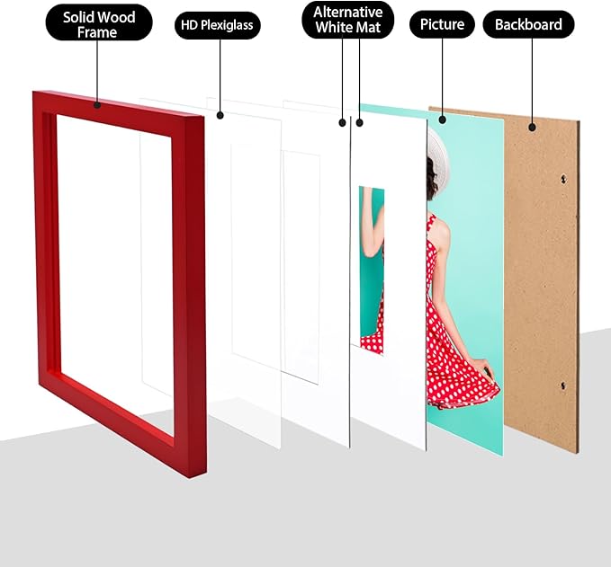 KINLINK 8x12 Picture Frames Red, Solid Wood Frames with Acrylic Plexiglass for 6x8 with Mat or 8x12 without Mat, Tabletop and Wall Display Photo Frame, 4 Pack