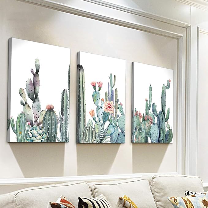Canvas Wall Art for bedroom living room Canvas Prints Artwork bathroom Wall Decor Green plants cactus flower watercolor painting 16" x 24" 3 Pieces modern Framed Ready to hang Office Home Decoration
