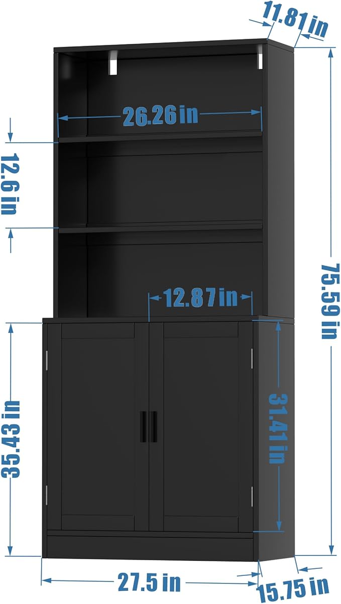 75" Tall Bookcase with Doors, 5 Tier Large Bookshelf with Cabinet, Standing Wood Display Book Shelf for Living Room, Office, Library with Doors, Black