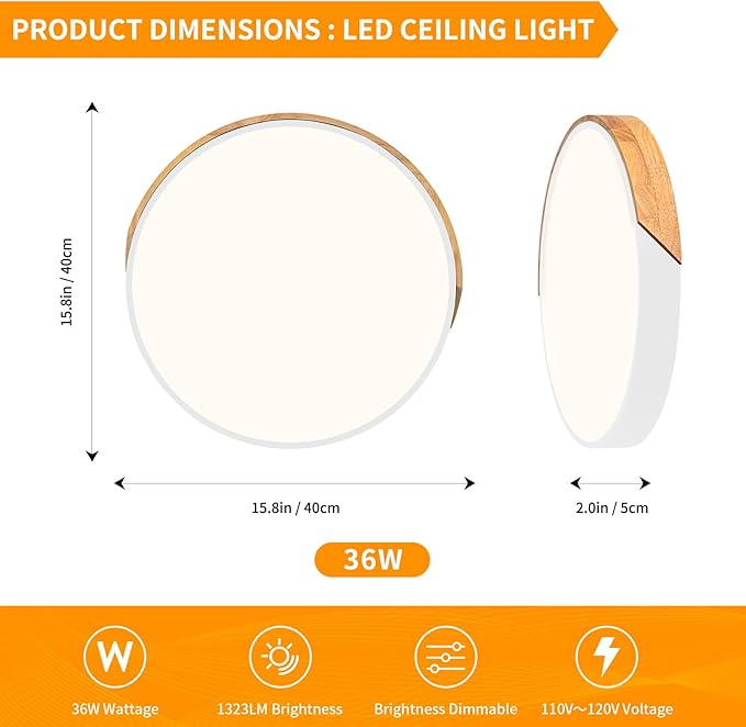 Modern Dimmable White LED Ceiling Light, 2700 K - 6000 K 5CCT Wood Flush Mount Ceiling Lighting Fixtures, Minimalist Round Ceiling Lamp for Living Room Bedroom Kitchen Hallway（15.8in）