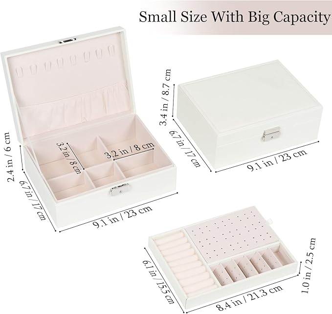 Jewelry Box for Women Girls, 2 Layers Jewelry Organizer Container with Lock, PU Leather Storage Case with Removable Tray, Jewelry Display Box for Necklaces Earrings Bracelets Rings Watches - White