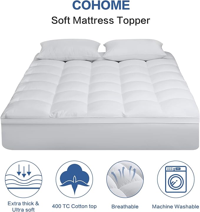 COHOME Twin Size Mattress Topper Extra Thick Cooling Mattress Pad 400TC Cotton Top Plush Down Alternative Fill Pillow Top Mattress Cover with 8-21 Inch Deep Pocket (39x75 Inches, White-Classic)
