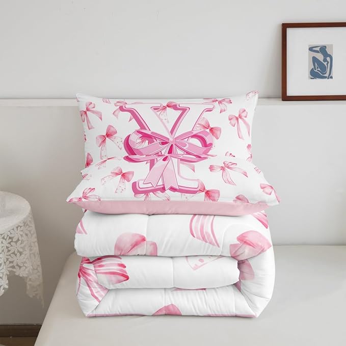 jejeloiu Kids Girls Cute Pink Bow Comforter Set Full Size Monogrammed Bedding Set Ultra Soft Personalized Initial Y Duvet Quilt Coquette Bow Knot Quilt Set Room Decor Modern Fashion Comforter