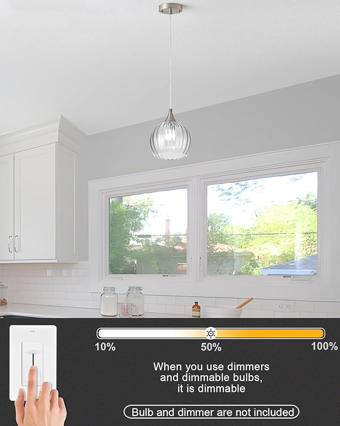 Brushed Nickel Pendant Lights Kitchen Island, Globe Pendant Light Fixtures with 8 Inch Clear Glass Shade, Modern Hanging Light Fixtures for Kitchen, Bedroom (1 Pack - Clear Glass Pendant Light)