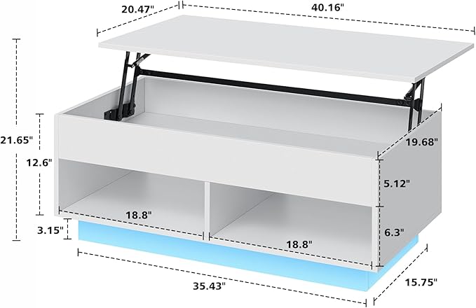 HOMMPA Lift Top Coffee Table with Storage for Living Room, Modern High Glossy LED Coffee Table, 3 Tiers Wood Center Tea Table with 2 Open Shelves, White