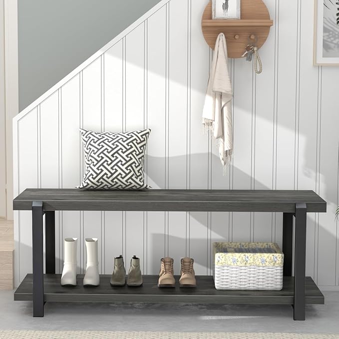 EXCEFUR Industrial Entryway Bench with Storage, Rustic Wood and Metal Shoe Rack Bench Seat, 47 Inch Grey