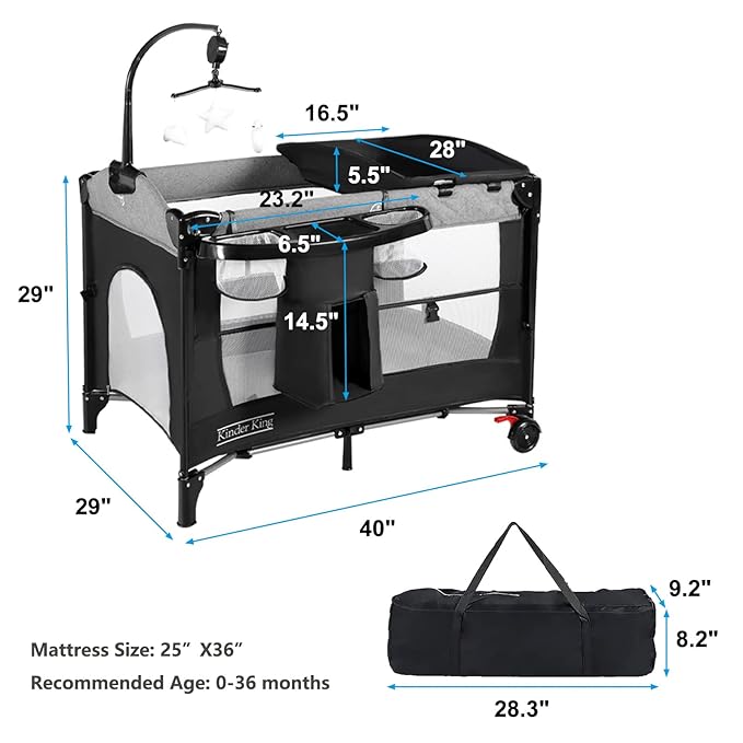 Kinder King 4 in 1 Portable Nursery Center, Foldable Baby Bedside Crib w/Bassinet, Infant Pack n Play Playard Toddler Large Playpen, Newborn Changing Table, Storage Basket, Side Zipper
