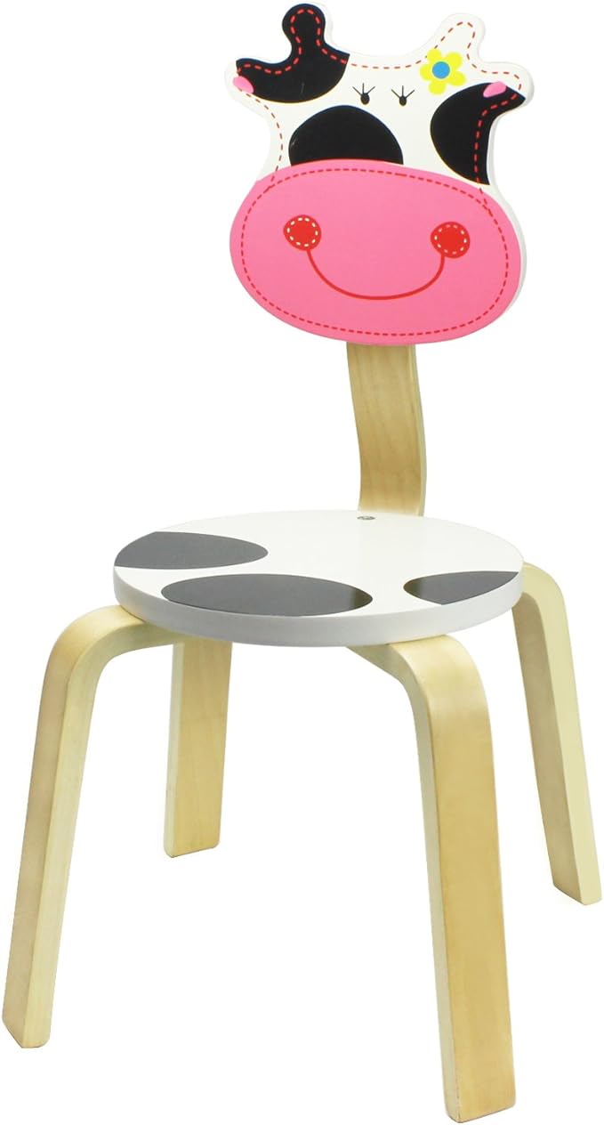 iPlay, iLearn 10 Inch Kids Solid Hard Wood Animal Chair, Stackable Wooden Finished, Preschool, Daycare, Bedroom, Playroom, Nursery Seat, Cow Furniture Stool for Toddlers, Children, Boys, Girls