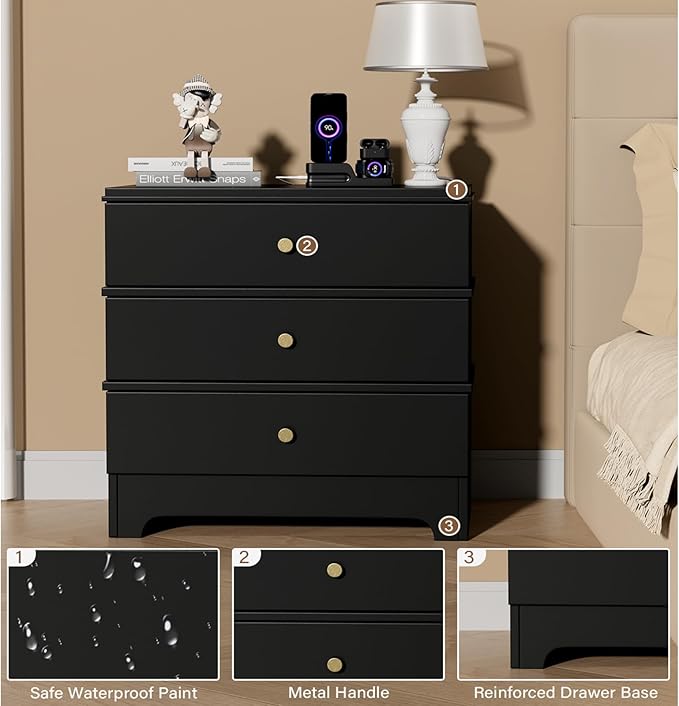 3 Drawer Nightstand with Charging Station,24" Farmhouse Night Stand & Modern Bedside Table, Wood End Table Storage Cabinet for Bedroom Hallway, Entryway,Black Set of 2
