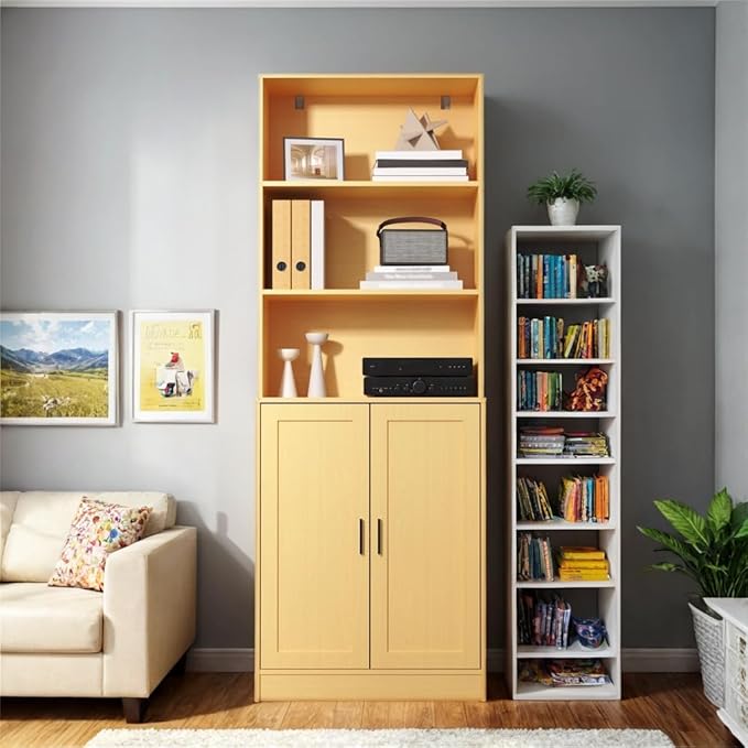 75" Tall Bookcase with Doors, 5 Tier Large Bookshelf with Cabinet, Standing Wood Display Book Shelf for Living Room, Office, Library with Doors, Oak