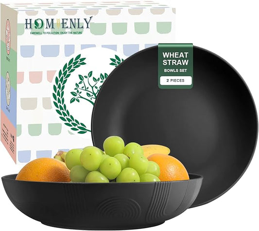 Homienly Wheat Straw Large Salad Bowl Set - Salad Bowls for Kitchen, Party, 60 OZ Large Capacity Serving Bowls Set of 2, Microwave and Dishwasher Safe Big Fruit Bowls (Black)