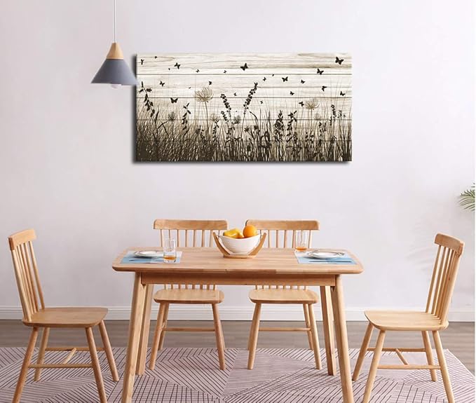 Wildflower Wall Art Autumn Canvas Picture Butterfly Grass Dandelion Artwork Vintage Wooden Board Painting Prints for Bedroom Living Room Office Home Kitchen Wall Decor Framed Ready to Hang 20" x 40"