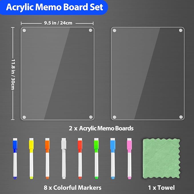 PigPotParty Clear Acrylic Magnetic Whiteboard for Fridge, 2 Pack 9.5"x12" Dry Erase Board Blank Memo Shopping/Grocery to Do List Meal Planner Chore Chart for Adult Teens Kids, w/ 8 Markers & 1 Towel