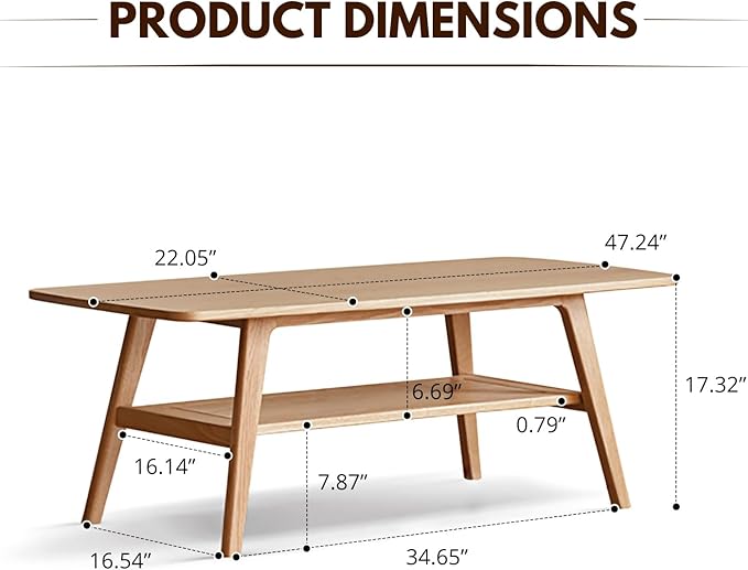 Oak Wood Coffee Table - 2-Tier Wooden Center Table for Living Room,Apartment, and Office, Farmhouse Rustic Rectangle Table, Easy Assembly,47 Inch