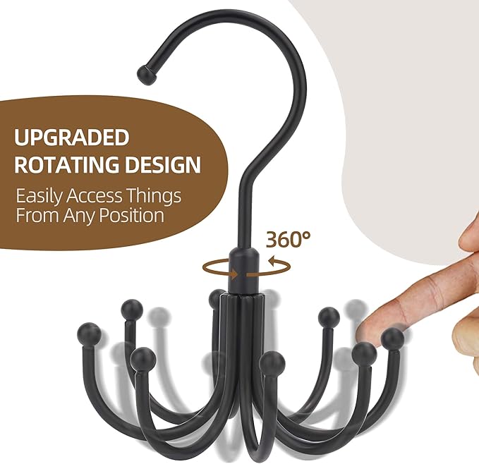 ZEDODIER Belt Hanger, Rotatable Belt Rack Closet Accessories Organizer, Maximum 24 Storage Capacity, Hanging Holder Storage Hook for Belt, Bra, Tank Top, Tie, Scarf, Purse, Black