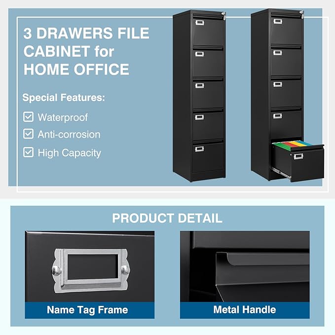 5-Drawer File Cabinet, 16.3" Deep Vertical Metal Filing Cabinet with Lock for Home Office, Anti-Tip 5 Storage Drawers for Letter/Legal/A4/F4 Size (Assemble Required, Black)