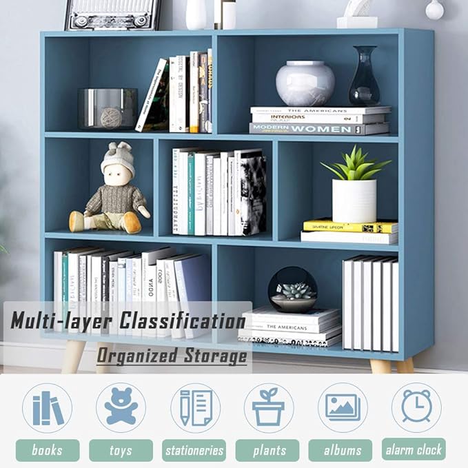 IOTXY Wooden Open Shelf Bookcase - 3-Tier Floor Standing Display Cabinet Rack with Legs, 7 Cubes Bookshelf, Bright Blue