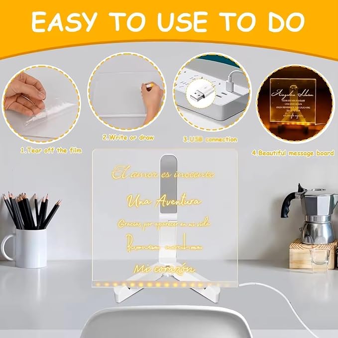 2025 New LED Note Board with Colors - Light Up Acrylic Message Board & Dry Erase Board, Led Drawing Board with Adjustable Stand and 7 Colors Pen for Office, School, Home (11.8× 7.9 inches)