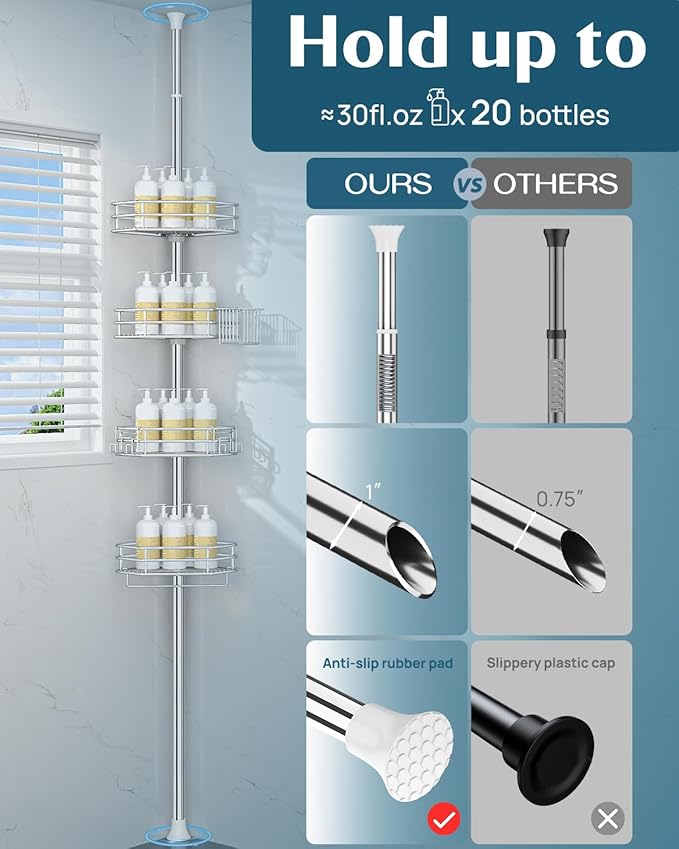SEIRIONE Corner Shower Caddy Tension Pole, Quick Setup, Rust-Free Bathroom Shower Organizer Corner for Bathtub Shampoo Storage, 4-Tier Adjustable Shelf, Drill Free, Fits 34 to 116 Inch Height, Silver