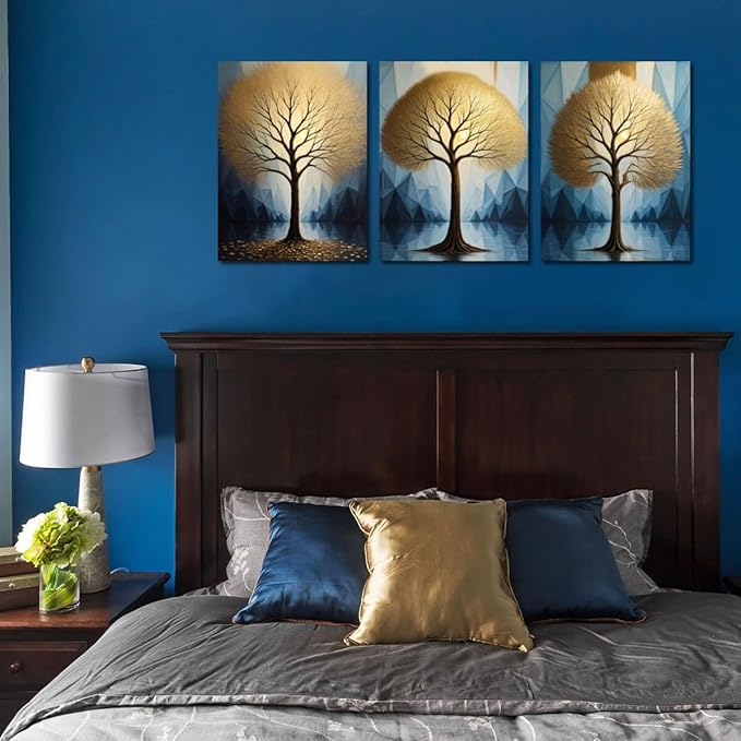 Arjun Tree Wall Art Gold Heart Shape Landscape Tree of Life Painting Teal Geometric Mountain Framed for Bathroom Living Room Bedroom Dinning Room Kitchen Home Office Wall Decor, 12"x16"x3 Panels