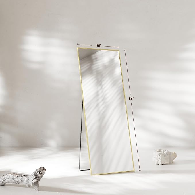 56"x15" Full Length Mirror, Gold Tempered Glass Rectangle Floor Standing Mirrors, Wall Mounted Hanging Aluminum Alloy Frame Bedroom Floor