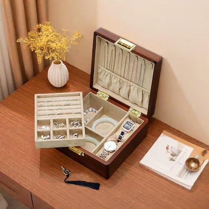 Bescott 2 Layer Solid Wooden Jewelry Box with Lock and Key for Women Men Vintage Velvet Wood Jewelry Organizer Storage for Earrings Rings Necklaces Bracelet Watch Mother’s Day Gift
