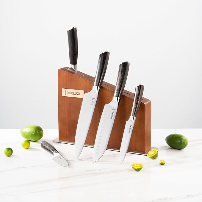 DELUXE 6 Pcs Kitchen Knife Sets, Powder Steel Forged Stainless Steel Knife Set with Block, Comes with Chef's, Santoku, Bread, Utility and Paring Knives, Ideal for All-Around Food Preparation