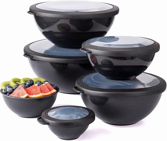 COOK WITH COLOR Mixing Bowls with TPR Lids - 12 Piece Plastic Nesting Bowls Set includes 6 Prep Bowls and 6 Lids, Microwave Safe (Speckled Black)
