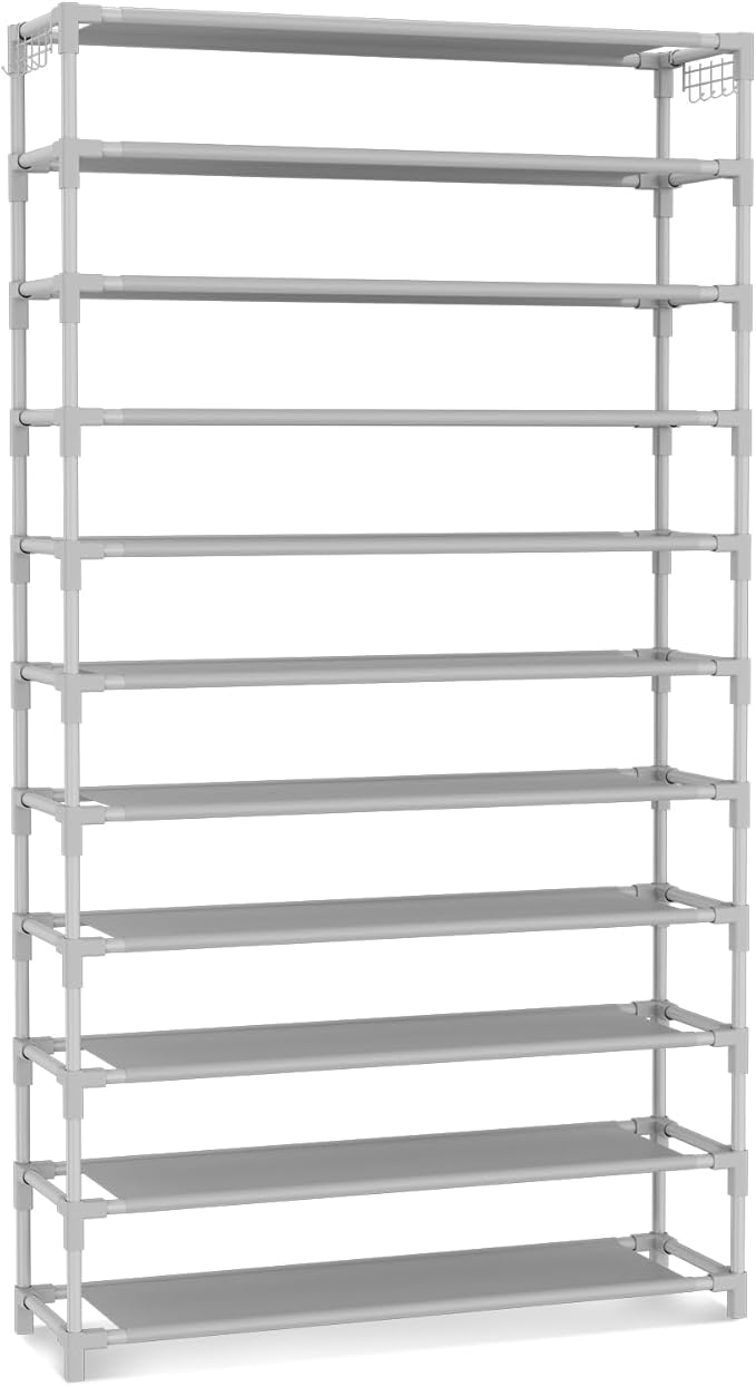11 Tiers Tall Wide Shoe Rack 55 Pairs Large Capacity Sturdy Durable Shoe Rack for Closet Metal Shoe Organizer Shelf with Two Hooks Space Saving for Entryway Grey
