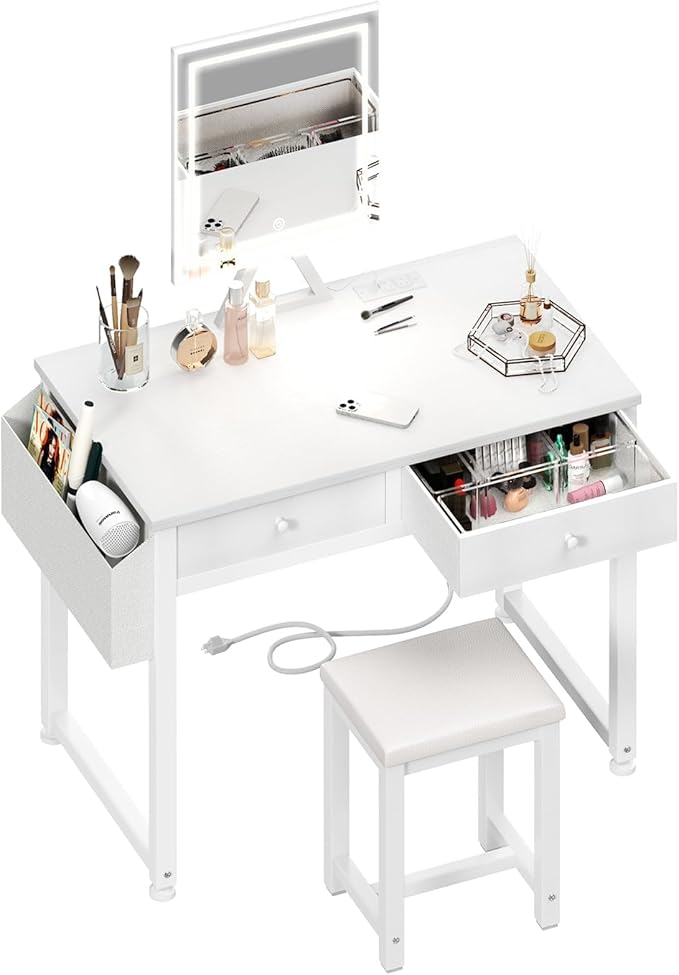 Lufeiya Small Makeup Vanity Desk with Fabric Drawers, 32 inch White Vanity Desks with Mirror and Light, Dressing Table and Chair Set with Power Outlet for Girls Bedroom, White