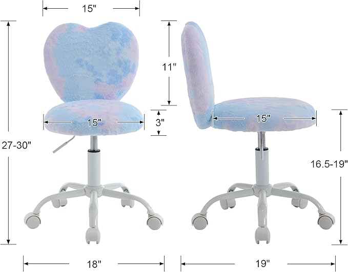 Kmax Kids Reading Chair, Rolling Cute Desk Chair for Girls Swivel Office Chair with Wheels & Heart Back Adjustable Childrens Vanity Chair for Bedroom Reading Room - Fur, Baby Blue