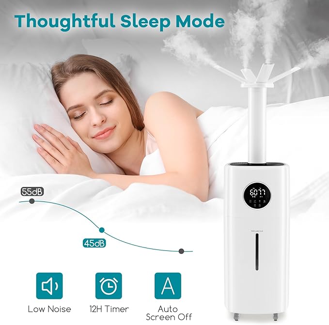 ARLIME Humidifier Large Room 2200 Sq.Ft, 5.5Gal Top Fill Commercial Humidifier w/3 Mist Levels, Extension Tube, 360° Nozzles & Remote Control, Whole House Humidifier w/Wheels for Bedroom, Plants, Gree