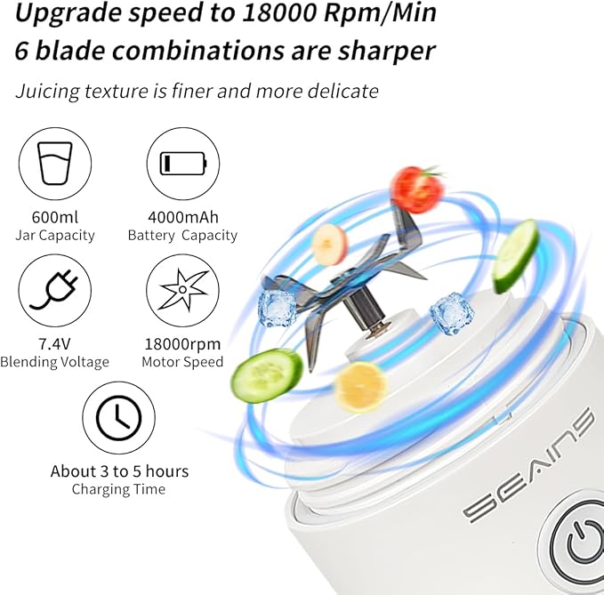 Portable Blender with 20 Oz Travel Cup, 6 Blades, USB Rechargeable for Shakes, Smoothies, Gym, Kitchen and Outdoors (White)