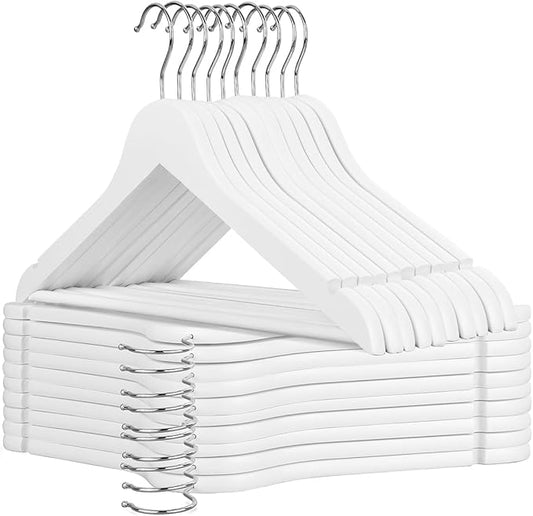 AMKUFO Wooden Hangers 20 Pack Wood Suit Hangers Non Slip Wooden Coat Hangers with Smooth Fnish Cut Notches 360° Swivel Hook Clothes Hangers for Jeans Pants Jackets Shirts Dresses, White