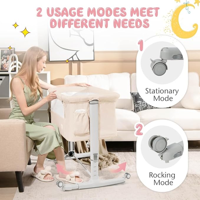 BABY JOY Bassinet Bedside Sleeper, 3 in 1 Folding Crib w/Adjustable Height, Mattress, Lockable Wheels, Storage Pocket & Carry Bag for Infant Newborn, Stationary & Rock, Portable Baby Bassinet (Beige)